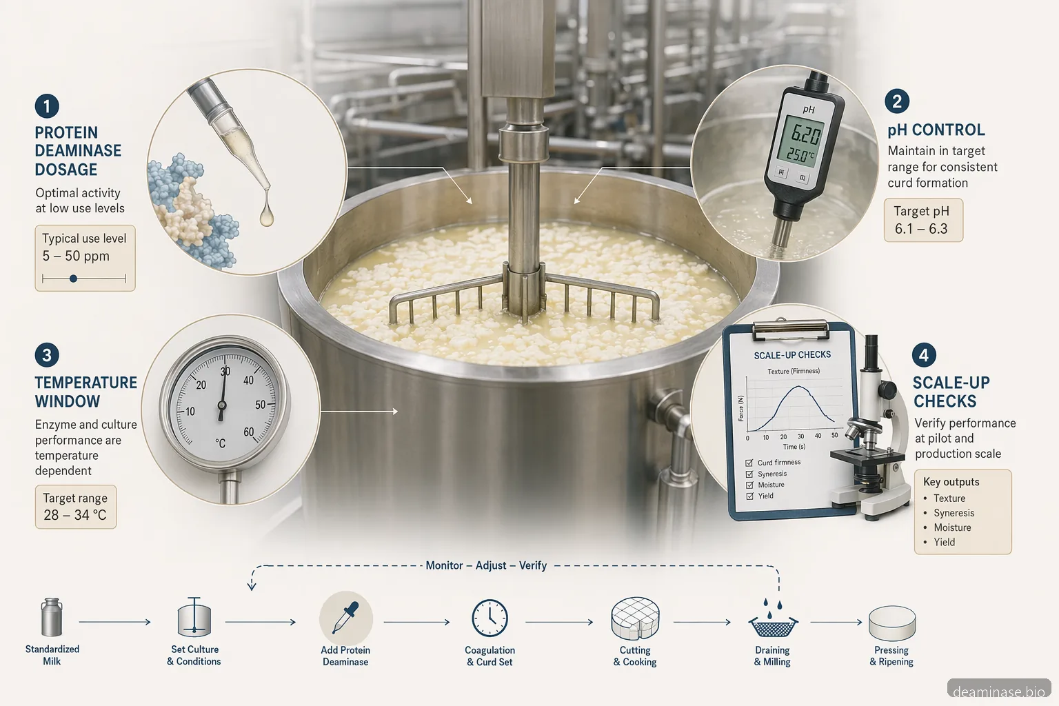 deaminase enzyme for cheese dosage pH temperature guide with dairy process icons, curves, and QC checks