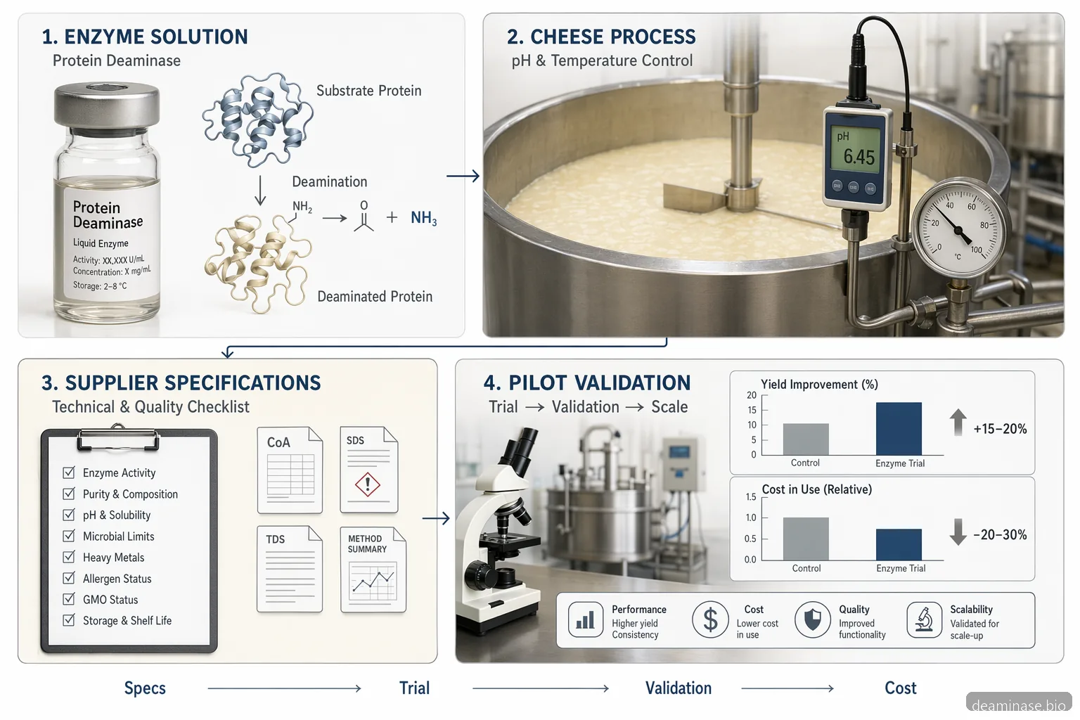deaminase enzyme supplier for cheese guide, infographic showing trials, specs, validation and cost review
