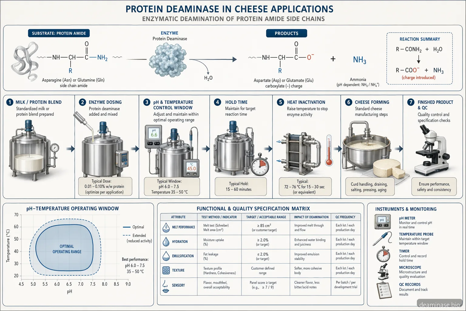 industrial deaminase enzyme cheese process guide diagram mapping pH, temperature, reaction flow, and product tests