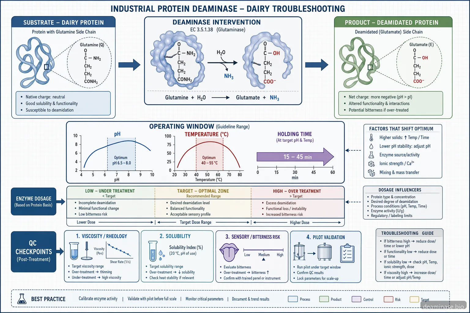 industrial protein deaminase dairy troubleshooting diagram showing dosage bands, pH-temperature window, and QC checks