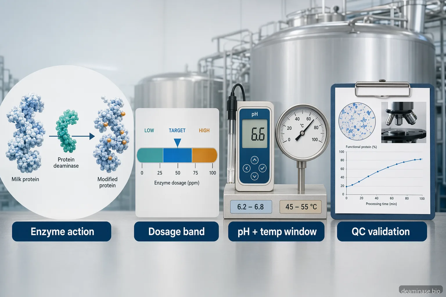 industrial protein deaminase dairy dosage pH temperature guide with enzyme, process gauges, QC, and scale-up icons