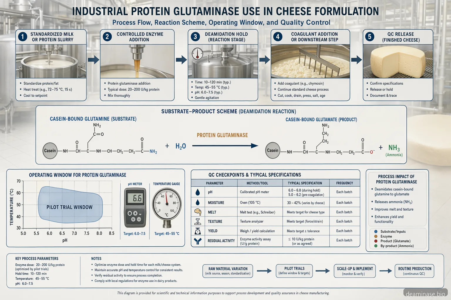 industrial protein glutaminase cheese formulation guide diagram with deamidation reaction, pH-temperature window, and QC flow