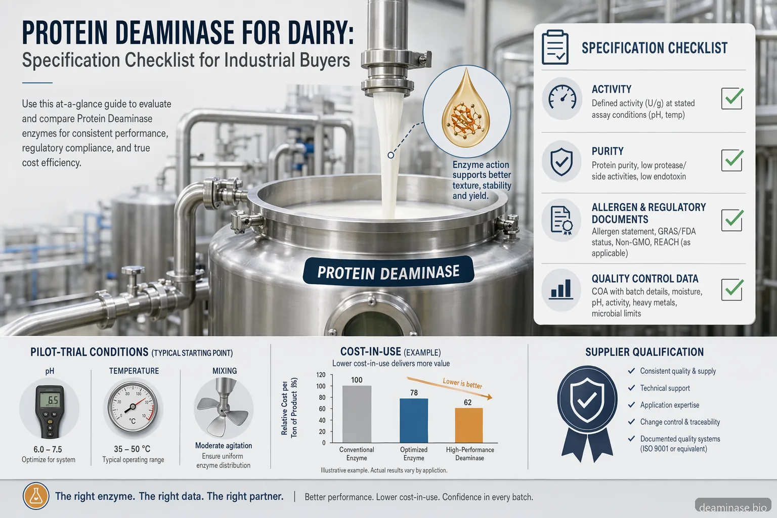 protein deaminase for dairy specification checklist with supplier QC, process fit, pilot data, and cost-in-use cues