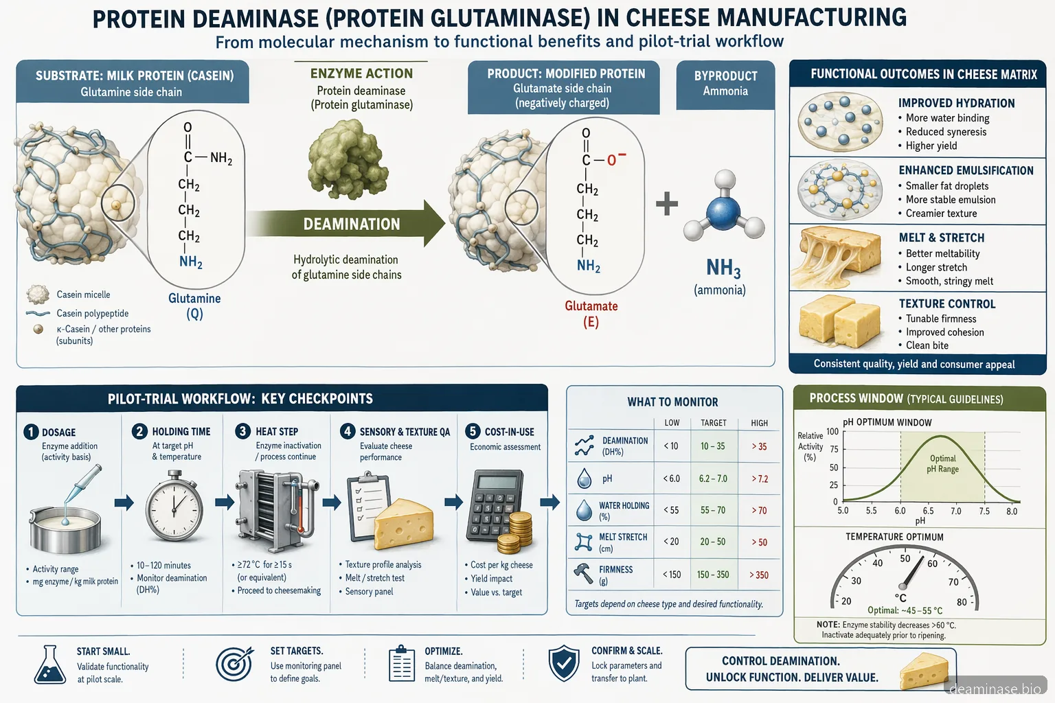 protein deaminase supplier for cheese process diagram showing pH, temperature, casein conversion, trials, and QA checks