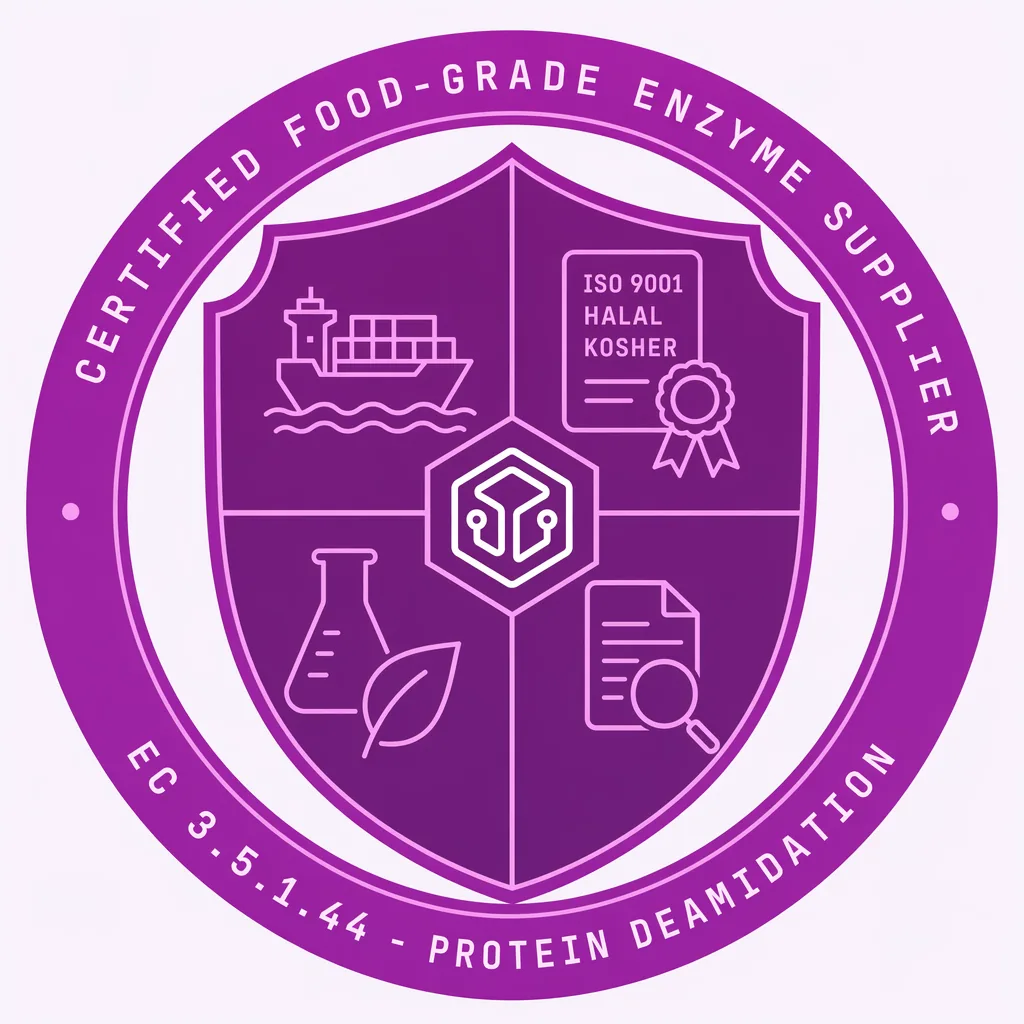 Protein-Glutaminase (Protein Deaminase) quality & certifications badge — ISO 9001, HALAL, KOSHER, Food Grade